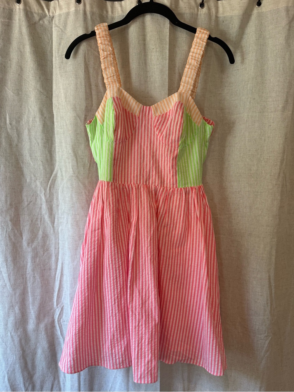 English Factory Pink & Green Striped Cotton Sundress with Peach Straps